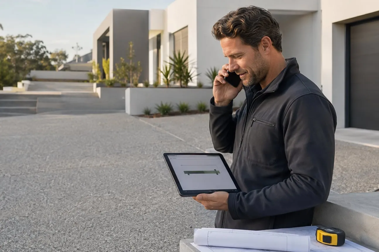 Illustration: an estimator taking a call on site, job measurements open on a tablet