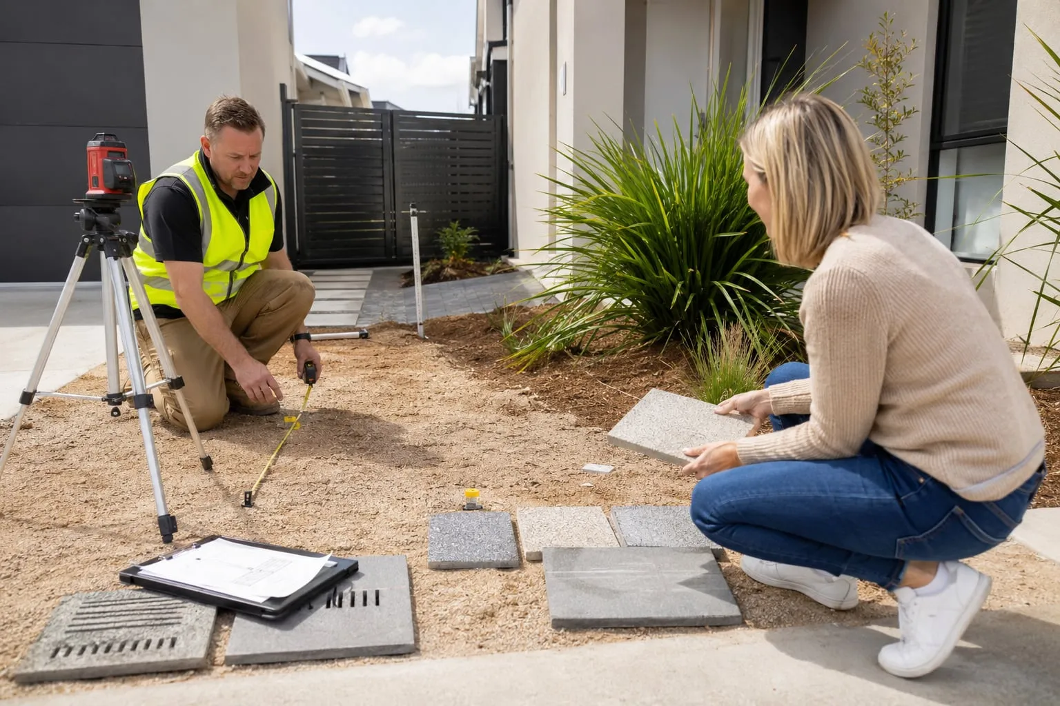 Illustration: measuring up with a laser level while a client compares finish samples
